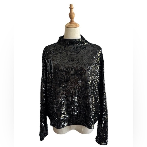 Anthropologie Alani Cashmere Mock Neck Sweater Sequin Edition Black Size XS New - Picture 2 of 10